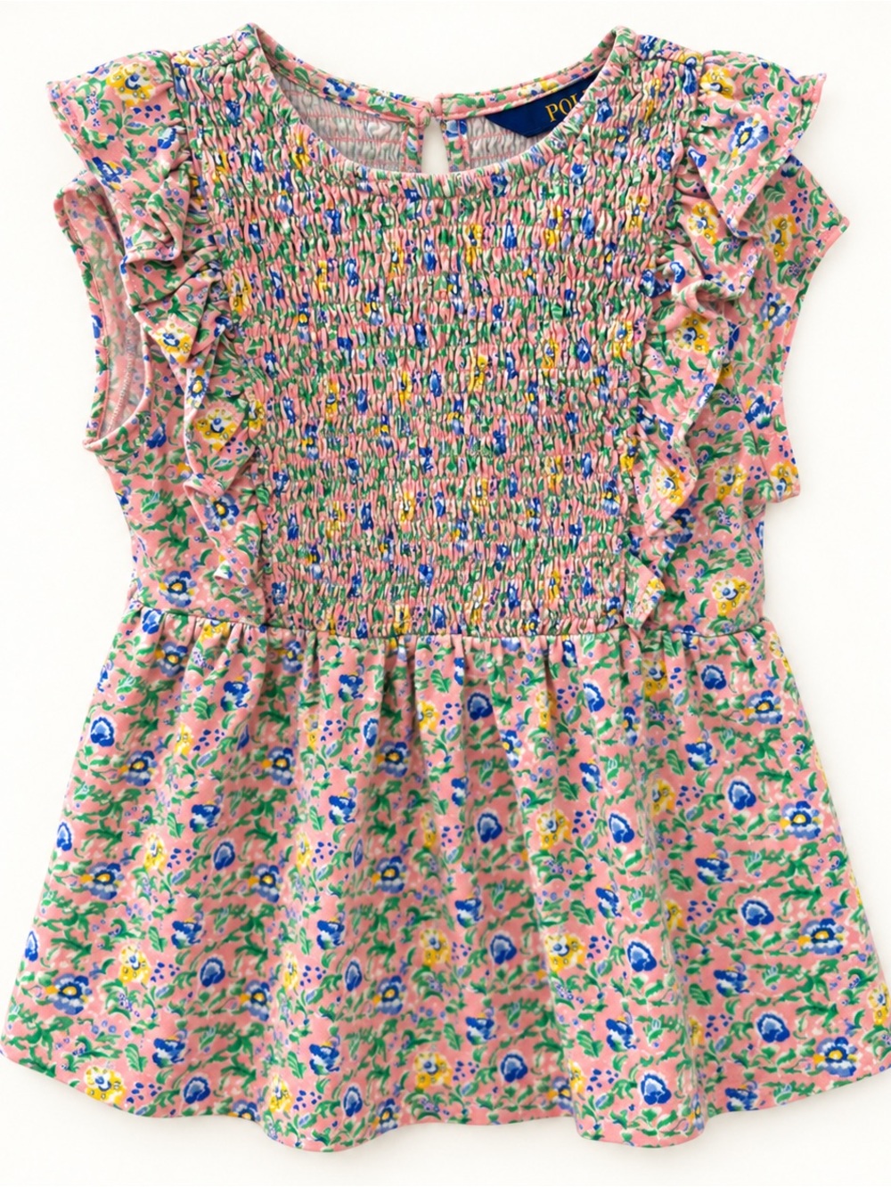 Polo Ralph Lauren Girls Pink Floral Smocked Cotton Peplum Top Size 6X EUC